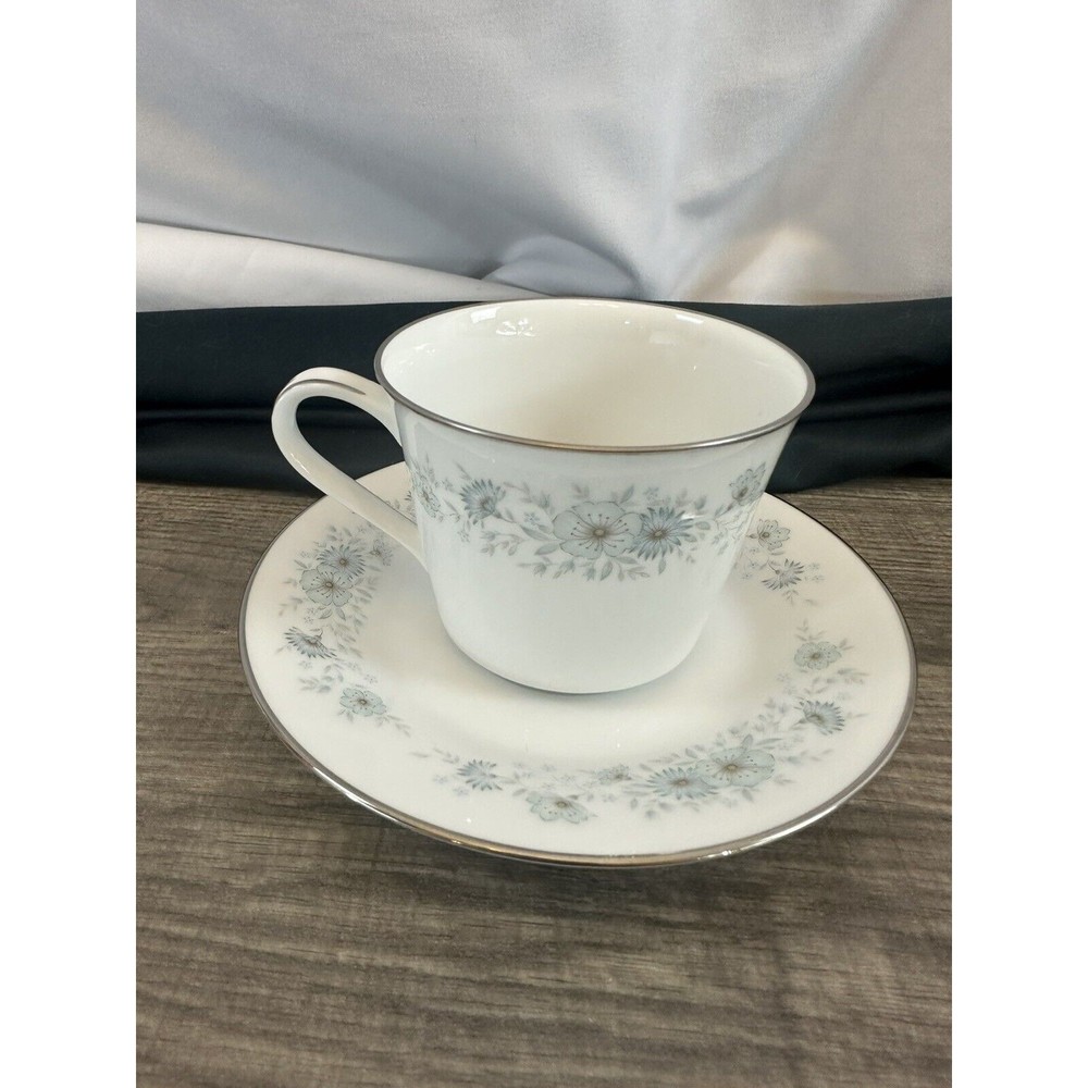 Noritake Porcelain China 6716 INVERNESS Platinum Vintage Japan Blue Cup + Saucer